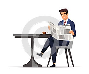 Businessman drink coffee cafe during work break. Vector man company employee character sitting at table reading daily