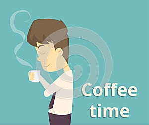 Businessman drinking coffee, tea break time in bright office.cartoon of business,employee success is the concept of the man