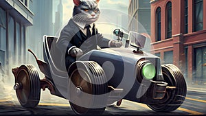 Businessman driving a car with a cat instead of a head.