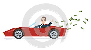 Businessman driving a red sports car and throwing money away