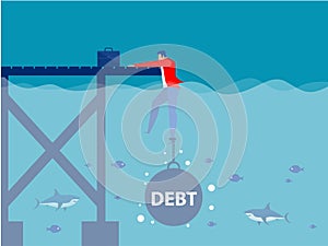 Businessman drowning chained with a weight Debt, Cartoon flat-style concept illustration