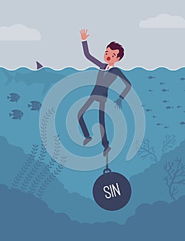 Businessman drowning chained with a weight Sin