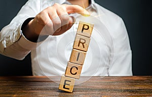 Businessman dumps prices. Cost reduction, sale and promotion. Attracting new customers, seasonal discount. Pricing on the stock photo