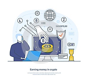 Businessman earning money in crypto wallet, e-business concept. Virtual money, digital currency storage and exchange, transfer