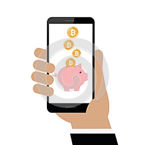 Businessman earns bitcoins on smartphone with piggy bank