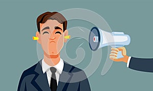 Businessman with Earplugs Not Listening to Complaints Vector Cartoon