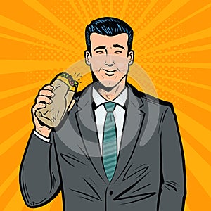 Businessman eating delicious sandwich. Lunch break, fast food concept. Pop art retro vector illustration