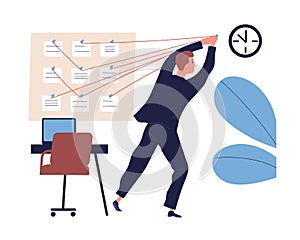 Businessman effective organize workflow vector flat illustration. Male office worker optimization priority tasks to