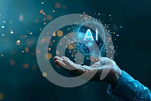 Businessman effortlessly integrates glowing AI icon into the business realm. AI Image photo