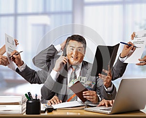 businessman with eight hands in elegant suit working hold notepad clipboard, cell phone, paper, document, contract, folder