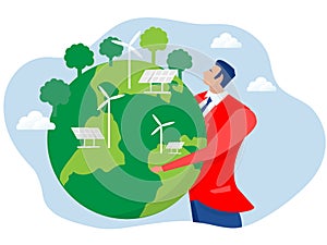 Businessman embracing the planet Earth  with ecology problem ESG  renewable, green, safe green eco energy environmental vector