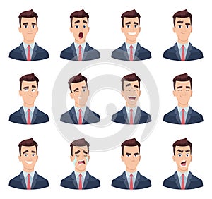 Businessman emotions. Male characters with various face emotions sadness joy hate laughter anger smile fear vector