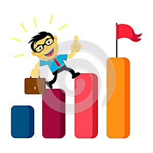 Businessman or employee in cartoon grow up to success with glasses and icon of growing sales chart