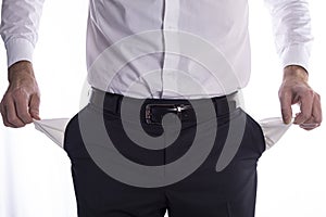 Businessman with empty pockets, man`s hands are holding empty pockets of trousers on a white background with space for text