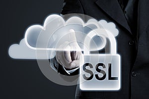 Businessman enabling ssl secure connection to cloud network services