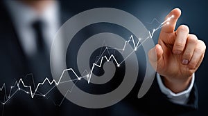 Businessman engages with a virtual screen displaying a rising growth graph alongside financial data for strategic planning