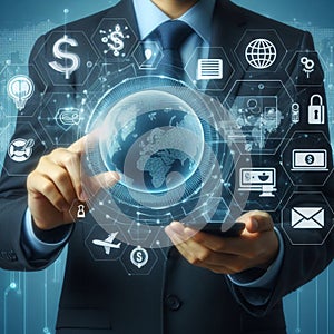 Businessman Engaging in Global Digital Networking: Digital Marketing and Online Business
