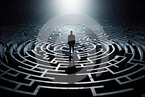 Businessman entering a circular maze with light coming out of the center, Man silhouette in maze or labyrinth. Finding solution