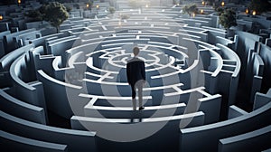 Businessman at the entrance of a large maze ready for a challenge