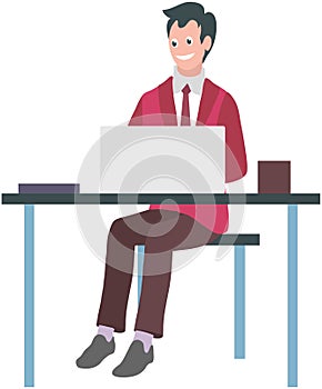 Businessman entrepreneur in suit works at his office desk. Man sitting with laptop surfing internet