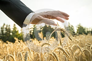 Businessman or environmentalist holding a palm of his hand above photo