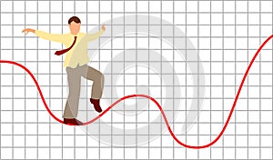 Businessman equilibrist is walking on a tightrope. Color flat illustration