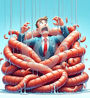 businessman escapes from a pile of worms