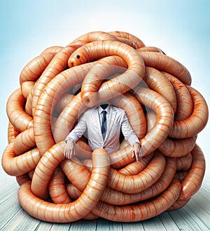 businessman escapes from a pile of worms