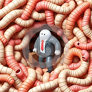 businessman escapes from a pile of worms