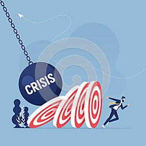 Businessman escaping from falling target, domino effect-Business crisis concept