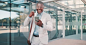 Businessman, excited or winning on a phone in city commute or outdoor travel with good news. Success, employee or happy