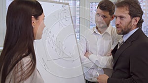 Businessman explaines something on flip chart to his partners