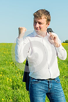 Businessman expresses his feelings with gestures