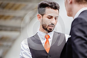 Businessman expression lie speak or do something wrong, avoiding his gaze from problem
