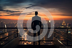 Businessman exudes confidence on a rooftop, framed by city silhouettes