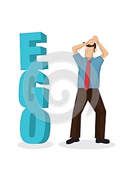 Businessman facing a 3d text of ego block when finding a way to success