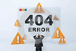Businessman facing a 404 error message with caution signs.
