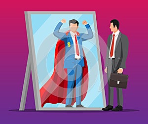 Businessman facing himself as superhero in mirror.