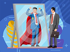 Businessman facing himself as superhero in mirror.