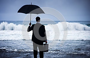 Businessman Facing Storm Encounter Crisis Concept