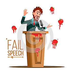 Businessman Fail Speech Vector. Unsuccessful Presentation. Bad Public Speech. Speaker Standing Behind A Rostrum. Having