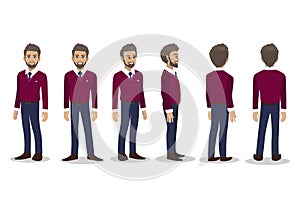 Businessman in fall casual with purple sweater shirt cartoon character animation set. Front, side, back, 3-4 view character. Flat