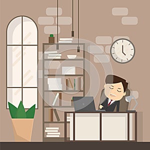 Businessman falling asleep at his work, business concept in sleeping