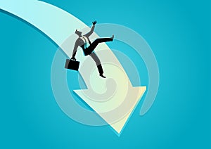 Businessman falling down on arrow graphic