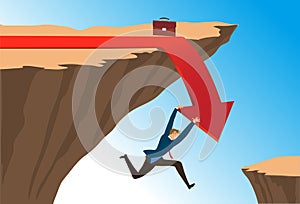 Businessman falling down in the direction of huge red arrow