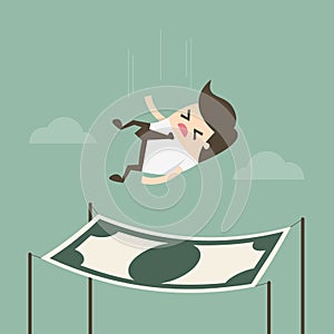 Businessman falling into a financial safety net.