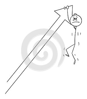 Businessman Falling and Hanging on Big Up Arrow, Failure and Help, Vector Cartoon Stick Figure Illustration