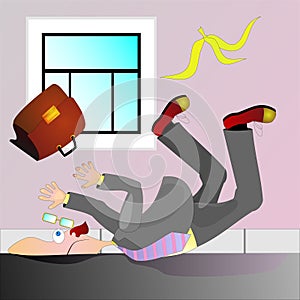 Businessman falling headlong of banana peel