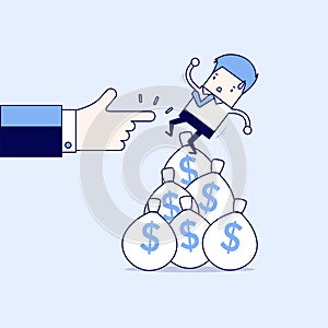 Businessman falling from money bag. Cartoon character thin line style vector.