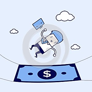 Businessman falling into a money banknote. Cartoon character thin line style vector